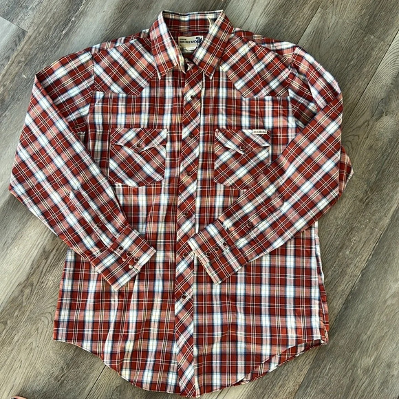 Genuine Roebuck Large Clay Red Plaid Pearl Snap Long Sleeve Shirt - Picture 1 of 7